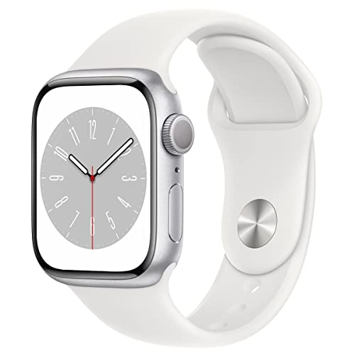 Image of Apple Watch Series 8 [GPS, 41mm] - Silver Aluminum Case with White Sport Band - S /M (Renewed)