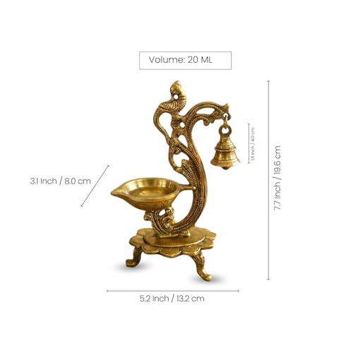 Image of ExclusiveLane 'Sacred Peacock' Brass Table Diya with Bell (100% Pure Brass, 1 Wick, 19.6 Cm, 20 ml, 0.64 kg, Hand-Etched) | Brass Diya for Pooja Traditional Decorative Diya for Pooja