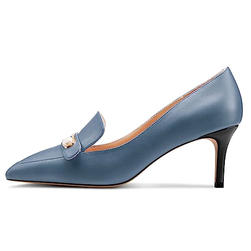 HEUIVZAR Womens Mid Kitten Heel Pointed Toe Slip-on Pumps Pearls Buckle Party Dress 2.6 Inches Heels2