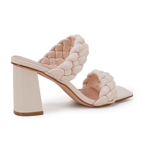 Syktkmx Women'S Braided Heeled Sandals Backless Square Open Toe Block Slide Sandals thumb #2