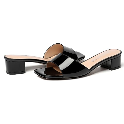 Wayderns Women's Black Patent Slip On Chunky Solid Low Heel 1.5 Inch Open Toe Heeled Sandals Size 11 - Zapatos Para Mujer #TOP5