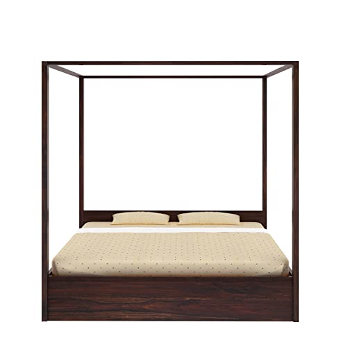 Image of Solid Sheesham Wood Queen Size Poster Bed 2 Drawer Storage for Bed Room Living Room Home Wooden Double Bed Palang Solid Wood Bedroom Furniture for Hotel (Walnut Finish)