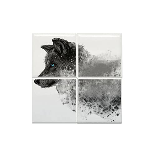 Carreaux céramique loup bleu 15x15 cm pour décoration murale sauvage