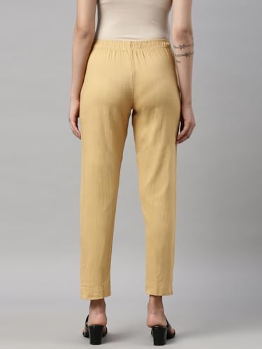 Image of MINELLI Women Solid Cigar Pants, Cotton Lycra Slub Fabric, Elasticated Waistband, Pull On Style, Regular Fit Bottom Wear for Western and Ethnic Wear