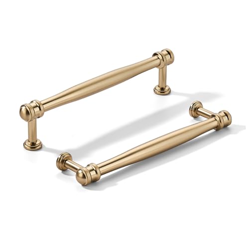 khtumeware 10 Pack 5inch(128mm) Hole Center Brushed Brass Cabinet pulls Satin Brass Solid Heavy-Duty Tradition Kitchen Cabinet Handle Cabinet Hardware for Dressing Table Bathroom Pull