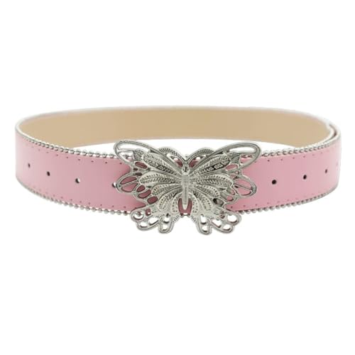 Y2K Women's Belt Metal Butterfly Buckle Beads Chain Punk PU Leather Waist Belts for Women Girl Dress Jeans Pants Blouse Tshirt, Pink