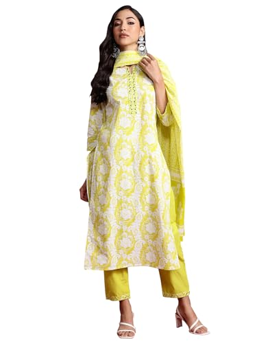 Image of INDO ERA Women's Pure Cotton Printed Straight Kurta & Pant With Dupatta Set