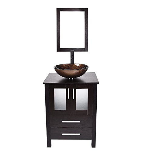 24 inches Modern Bathroom Vanity Set Stand Single MDF Cabinet with Counter Top Round Tempered Glass Vessel Sink Combo 1.6 GPM Chrome Water Save Faucet and Pop Up Drain