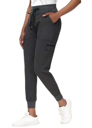 Image of MIVEI High Waisted Jogger Style Scrub Pants for Women - 8 Pockets Medical Bottoms Tapered Yoga Waistband Ribbed Ankle Cuffs