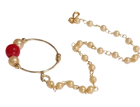 bhumi creation Traditional Gold-Plated Pearl Nose Ring with Red Bead and Chain, Indian Bridal Nath Jewellery-picture-15
