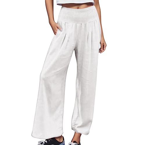 Women Summer High Waisted Cotton Linen Palazzo Pants Wide Leg Long Lounge Pant Trousers with Pocket2