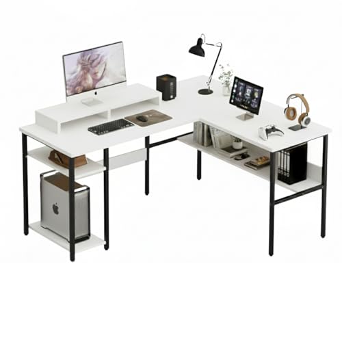 Image of TEKAVO Daino Computer Table for Home pc with CPU Storage | L Shape Office Table for Work | Corner Table with bottm Shelf | Workstation Table for Home | White Color