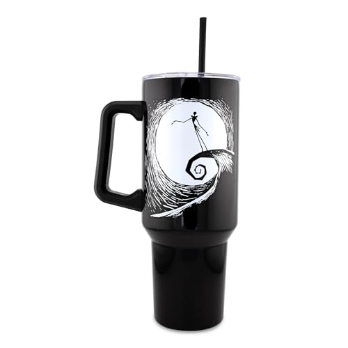 Image of Silver Buffalo Disney Nightmare Before Christmas by Tim Burton Jack Skellington Hill & Moon Drawing Double Walled Stainless Steel Tumbler with Handle and Straw, Fits in Standard Cup Holder, 40 Ounces