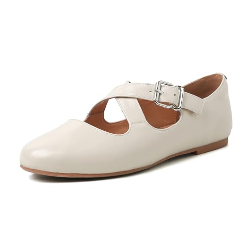 Leather Ballet Flats for Women, Closed Round Toe Mary Jane Flats, Cross Buckle Strap Slip On Casual Dressy Shoes
