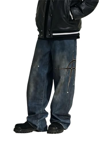 Men Streetwear Pu Leather Embroidery Baggy Stacked Jeans Pants Vintage Clothes Trousers