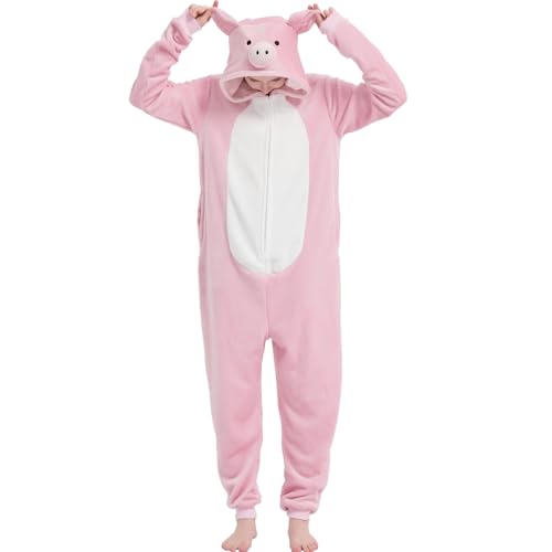 WEQJC Adult Onesie Pajamas Halloween Costume One-Piece Slim Fit Sleepwear Cosplay Suit for Mens Womens(Pink Pig Large)