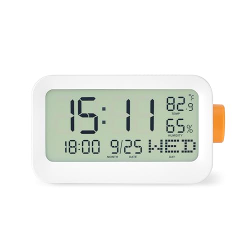 Image of Amazon Basics LCD Digital Table Clock with 3 Alarms, Snooze, Manual Brightness, ABS, White Color, Battery Operated, Compact Design for Desk, Bedside, Study Table (Size: 14 x 6.3 x 7.6 cm)