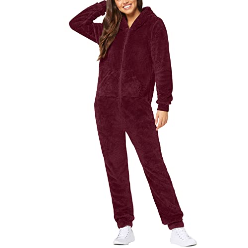 EMATOP Overall Damen Winter Warm Jumpsuit Flauschig Schlafanzug Teddy Fleece Einteiler Onesie Kuschelig Weich Ganzkörperanzug Lang Einfarbig...