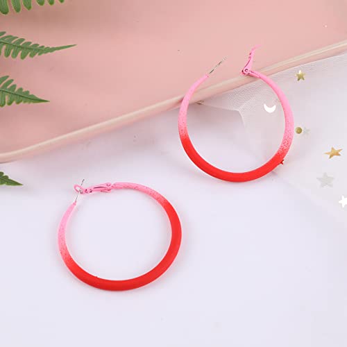 Colorful Matte Hoop Earrings Gradient Color 80S Retro Gradient Dangle Hoop Earring Neon Earrings Large Round Hoop Earrings For Women Girls Gift Summer Party Vintage Jewelry Gift For Teen Girls, Red #TOP2