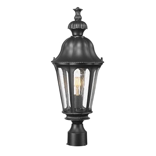 HWH Outdoor Post Lights Lamp Post Light Fixture, 22'' Large Post Lamp Pole Lantern with Seeded Glass, Exterior Column Pillar Lights Waterproof, Matte Black, 5HW90P-M BK