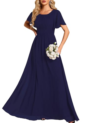 Ever-Pretty Women's Elegant Round Neck Short Sleeves Chiffon Empire Waist Floor Length Formal Bridesmaid Dress 01840-PH