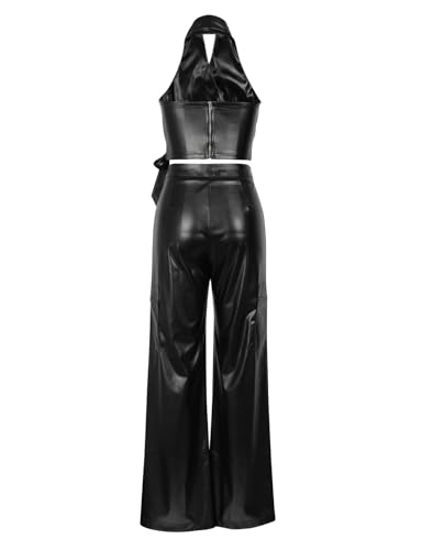 Image of WOKANSE Womens PU Leather Stretchy 2 Piece Outfit Belted Sleeveless Halter Tops and Straight Leg Pants Set with Pocket