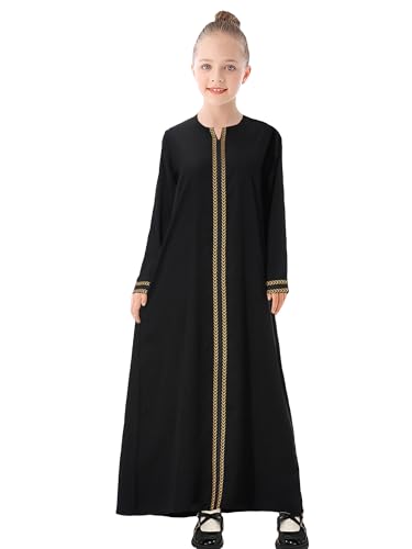 WSPLYSPJY Kids Girls Gold Embroidered Muslim Dress Abaya Long Sleeve Eid Robe Prayer Clothes