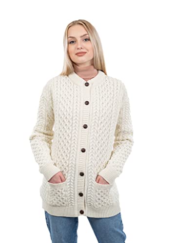 Irish Aran Wool Lumber Cardigan for Women's with Buttons and Pockets Made in Ireland