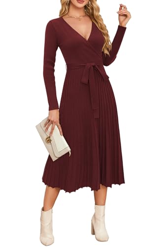 Newshows Strickkleid Damen Winter Herbst Langarm V-Ausschnitt Winterkleid A-Linie Elegantes Pulloverkleid Weinrot,L