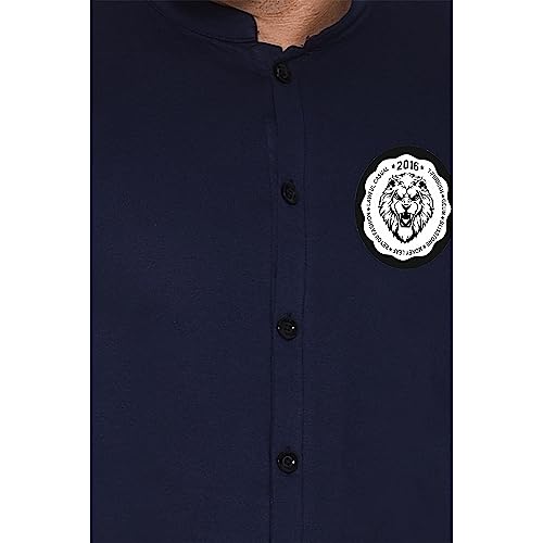 Image of Geum Men's Mandarin Collar Shirt with Graphic Print| Short Sleeve Cotton Blend Slim Fit Casual Shirt for Men