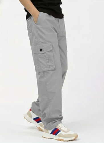 Image of Men's Cotton Cargo Pant | 5 Pocket Style Drawstring Elastic Waist Relaxed Fit Straight Leg, Breathable Durable Work Hiking Casual Trousers in Grey Silver Beige Black Sizes 30 to 42