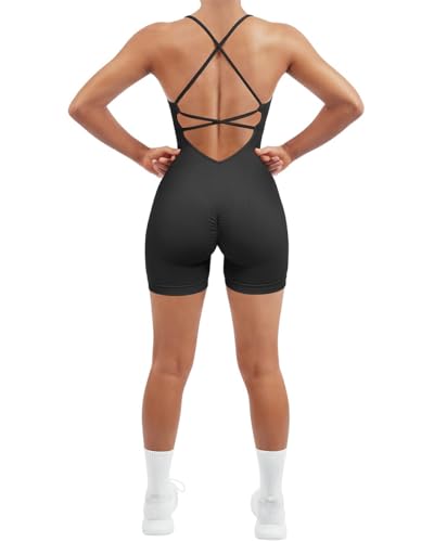 RXRXCOCO Spaghetti Strap Ärmellos Gerippte Push Up Scrunch Booty Jumpsuit Damen Eng Rückenfreie Padded Overall Bauchweg Kurz Yoga Sport Einteiler Romper Schwarz M