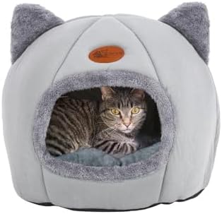 （07:30時点） NSK 猫ベッド ペットベッド キャットハウス ドーム型 暖かい ふわふわ 寒さ対策 室内用 洗える クッション付 (グレー, L)