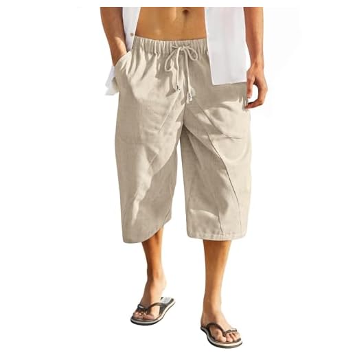 COOFANDY Khaki Linen Pants for Men Casual Linen Capri Pants Elastic Waist Baggy Loose Capri Trousers (Khaki XL)