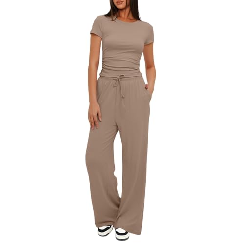 Ensemble plissé deux pièces d'été pour femme avec haut manches courtes et pantalon fluide