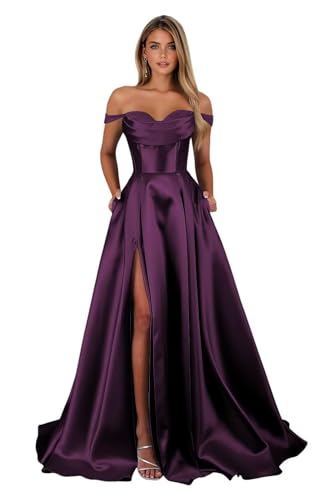 Off The Shoulder Satin Prom Dresses for Women 2025 Long Slit A Line Formal Evening Party Gowns with Pockets