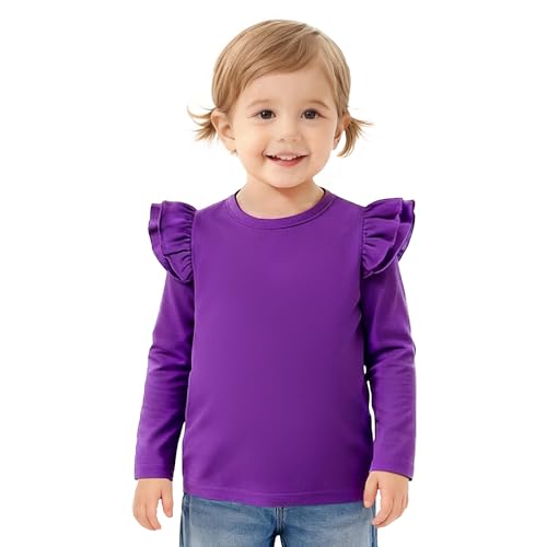 Magic Park 12M-14Y Baby Girl Blouse Toddler Short Long Ruffle T-Shirts Kids Girl Solid Color Tee Casual Tops for Girls (Long Dark Purple, 5-6 Years)