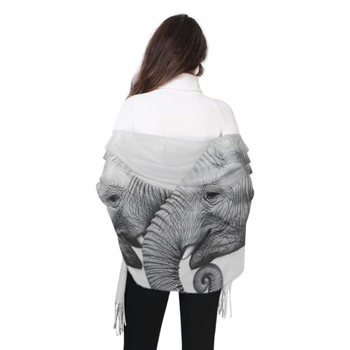 Women's Cashmere Feel Scarf-Elephant Drawing, Single-sided Print Pashminas Shawl Wrap Large Size with Tassels