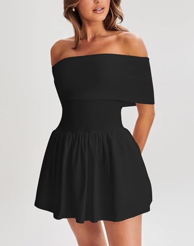 Image of Atizon Women's Summer Off The Shoulder Mini Dress Casual Short Sleeve Trendy Cocktail Party A Line Dresses