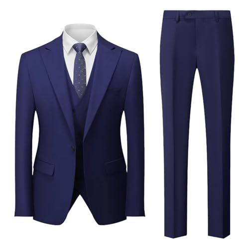 Men Solid Color Wedding 3 Piece Party Business Casual Slim Blazers Vest Pants Set Navy Blue