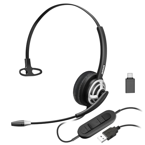 Single Side USB Computer Headset with Noise-Cancelling Mic for PC, Laptop, 1 Ear Office Call Center USB-A Headphone with In-Line Control for Dragon Dictation, Skype, Teams, Zoom Conference Call