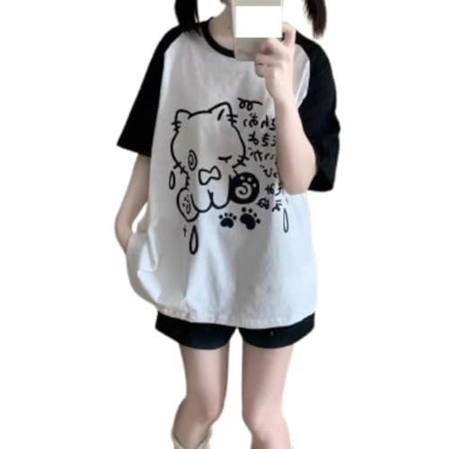Y2k Oversize Tee Cutecore Kawaii Vintage Round Neck Cutecore Shirt Grunge 2000s Shirts Streetwear Tops Summer