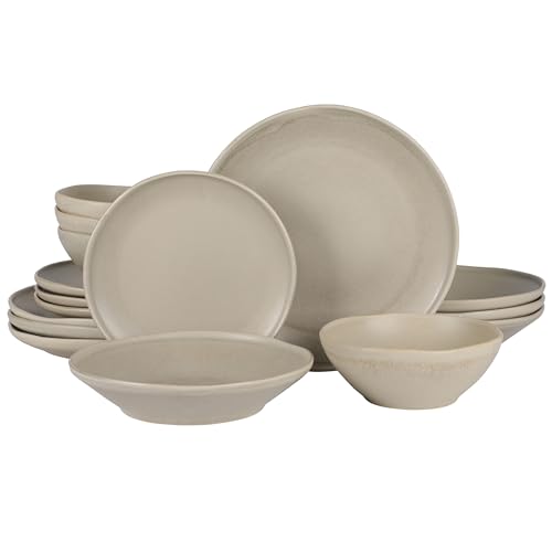 Image of Gibson Elite Island Cove 16 Piece (Service for 4) Plates and Bowls Reactive Glaze Organic Round Dishes Stoneware Ceramic Dinnerware Set -Light Grey