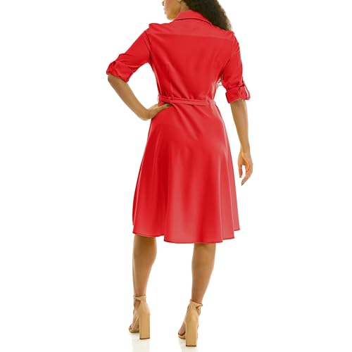 Image of Sharagano Women's Pleated Shirt Dress - 3 /4 Sleeve, V-Neck, Gold Buttons
