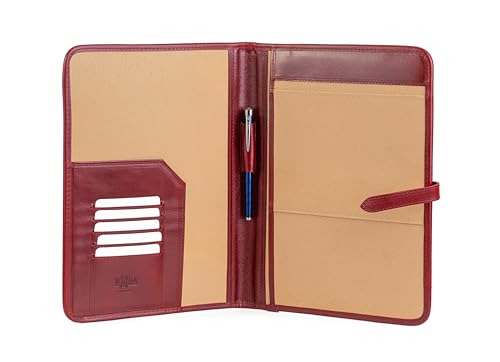 Leather Pad Folio, Executive Folio A4, Echtes Leder Portfolio, Professioneller Notizbuchhalter, Leder Business Ordner für Damen und Herren (Rot)