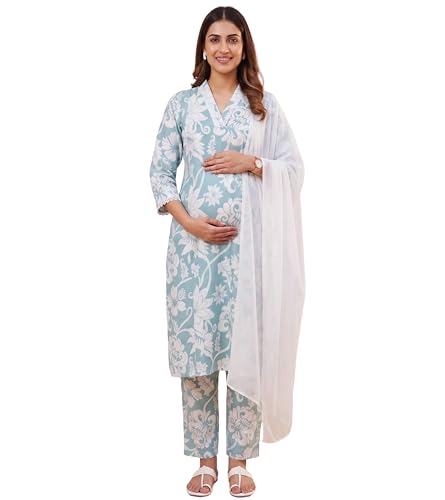 Image of DUMMY SHAPE Maternity Dresses for Women Cotton | Floral Kurta Pant Dupatta Set with Nursing Zippers, Side Pocket | Pre & Post Pregnancy | Feeding Kurti Suit | Baby Shower | Gifts for Pregnant Woman
