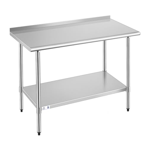Image of ROCKPOINT Stainless Steel Table for Prep & Work with Backsplash 24x60 Inches, NSF Metal Commercial Kitchen Heavy Duty Table with Adjustable Under Shelf and Table Foot for Restaurant, Home and Hotel