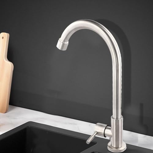 Lagomloot Grifo de cocina de acero inoxidable, grifo de agua fría de un solo agujero con burbujeador de ahorro de energía para fregadero, bar, baño, fácil de instalar, acabado plateado