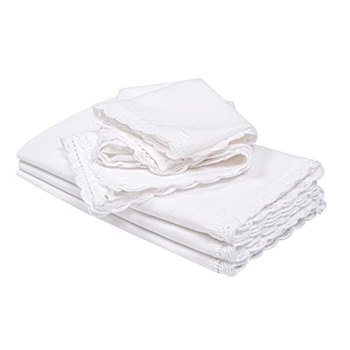 Ramanta Home Cloth Dinner Napkins in Cotton Flax Fabric with Lace & Tailored Mitered Corners - 20x20 Inches (Set of 4, White)