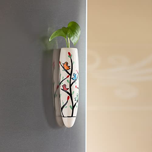 Image of ExclusiveLane Mughal Heaven' Ceramic Handpainted Magnetic Planters Pot for Fridge (Enamel White & Multicolour, 1.9 X 1.5 X 7.2 Inch, 1 Piece, (El-021-217))